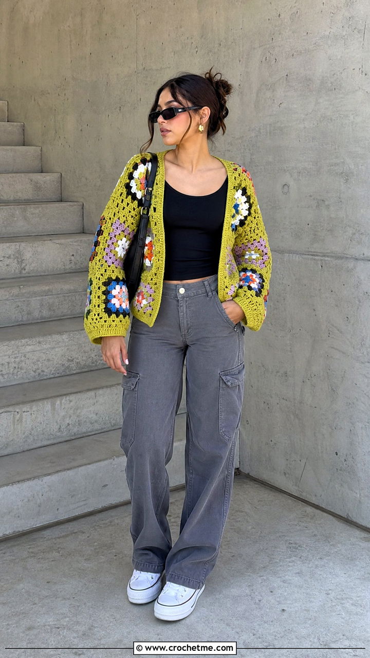 Patchwork Crochet Cardigan With Cargo Pants - 35 crochet cardigans outfit ideas
