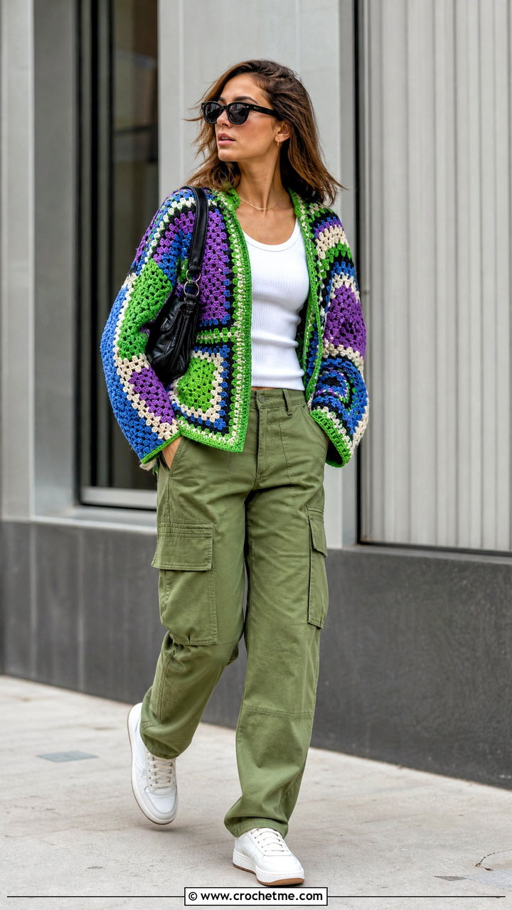 Patchwork Crochet Cardigan With Cargo Pants - 35 crocheted cardigan outfit ideas