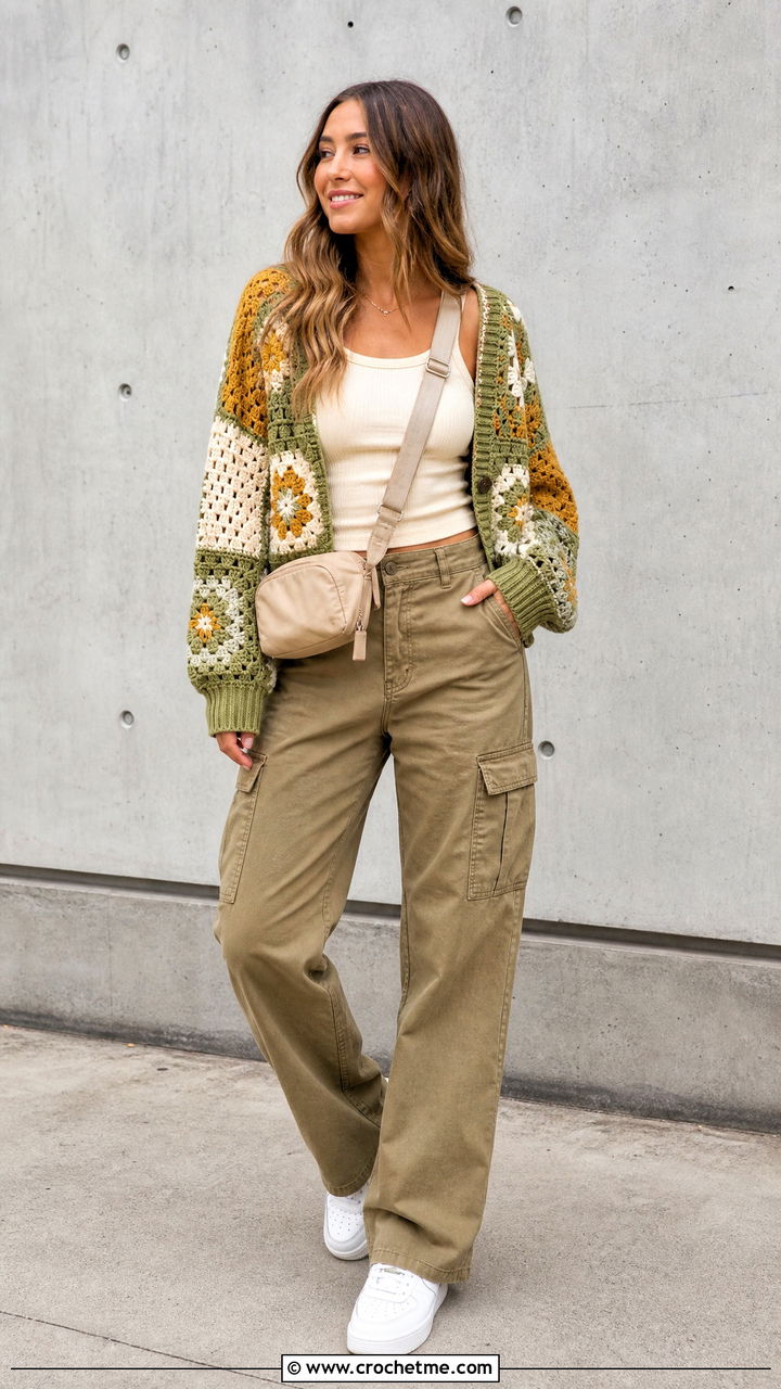 Patchwork Crochet Cardigan With Cargo Pants - 35 fall crochet clothes and outfit ideas