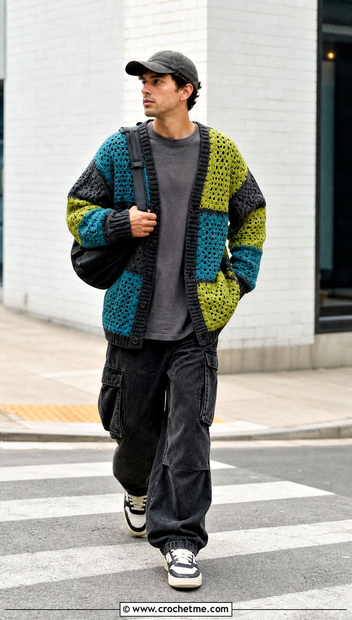 Patchwork Crochet Cardigan With Cargo Pants - 35 mens crochet cardigan outfit ideas