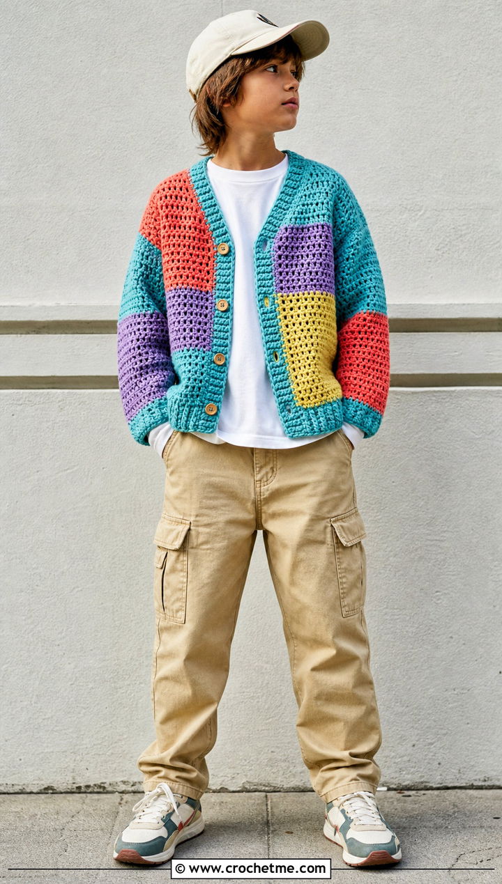 Patchwork Crochet Cardigan With Cargo Pants - 25 Childs Crochet Cardigan outfit ideas