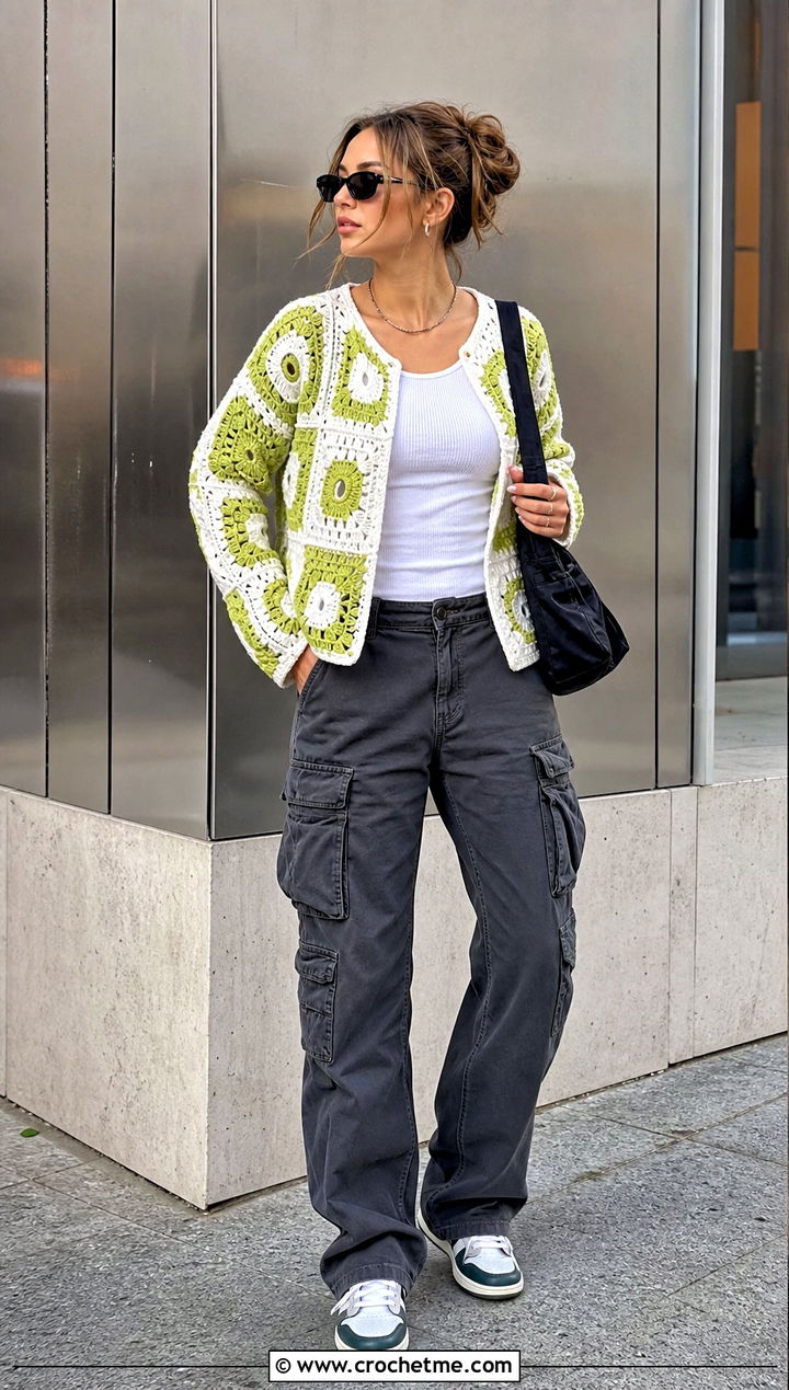 Patchwork Crochet Cardigan With Cargo Pants - 25 green and white crochet cardigan outfit ideas