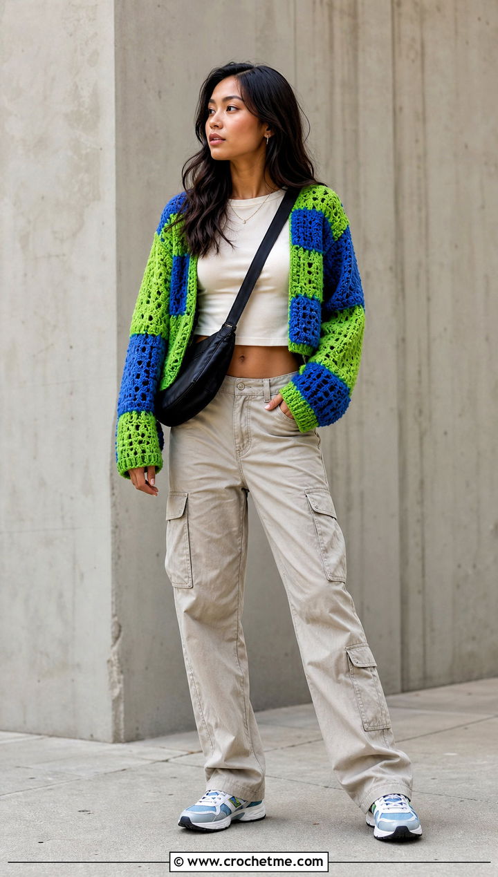 Patchwork Crochet Cardigan With Cargo Pants - 30 crochet cardigan design outfit ideas