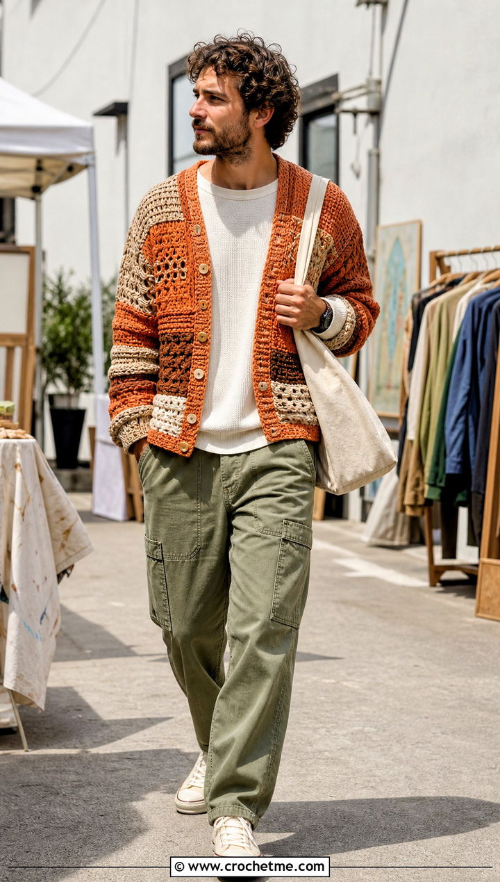 Patchwork Crochet Cardigan With Carpenter Pants - 30 mens crochet cardigan sweater outfit ideas