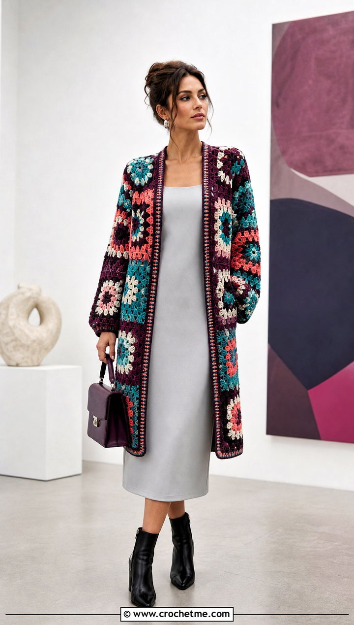 Patchwork Crochet Cardigan With Column Dress - 15 Easy Crochet Cardigan Sweater outfit ideas
