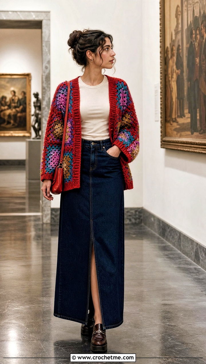 Patchwork Crochet Cardigan With Denim Maxi Skirt - 25 Autumn Crochet Cardigan outfit ideas