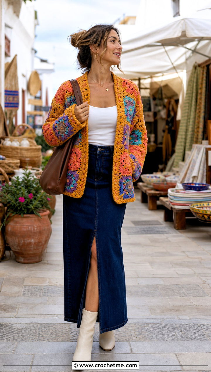 Patchwork Crochet Cardigan With Denim Maxi Skirt - 15 Ultimate Lounge Crochet Cardigan outfit ideas