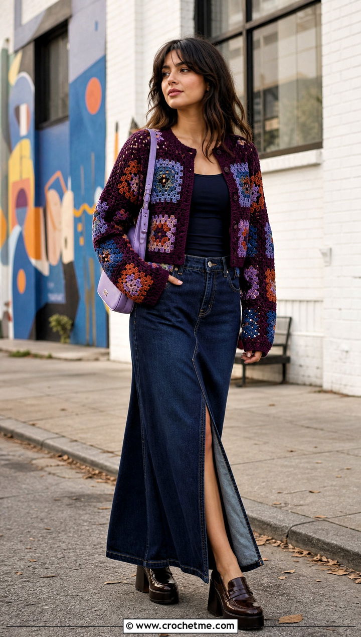 Patchwork Crochet Cardigan With Denim Maxi Skirt - 20 Miu Miu Crochet Cardigan outfit ideas