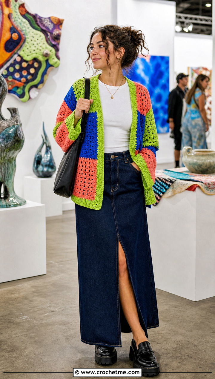 Patchwork Crochet Cardigan With Denim Maxi Skirt - 25 Crochet Cardigan Outfit Aesthetic outfit ideas