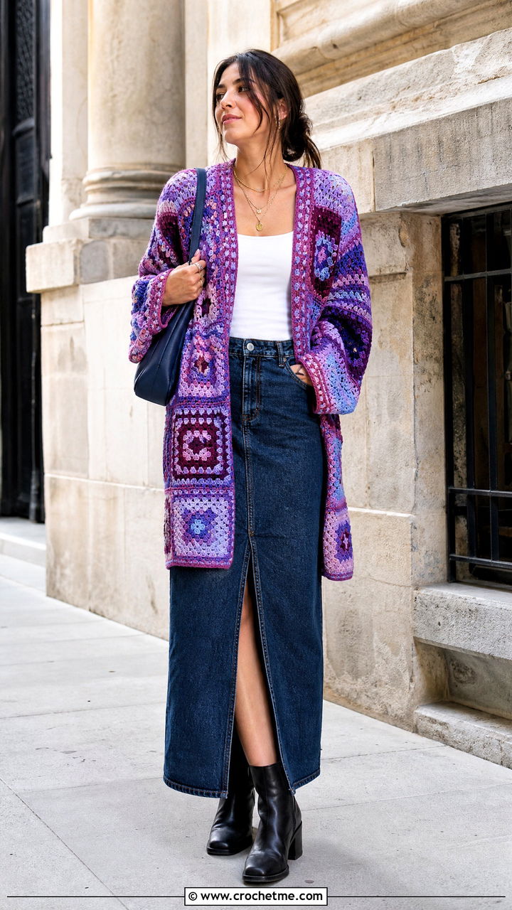 Patchwork Crochet Cardigan With Denim Maxi Skirt - 35 crochet cardigans for women outfit ideas