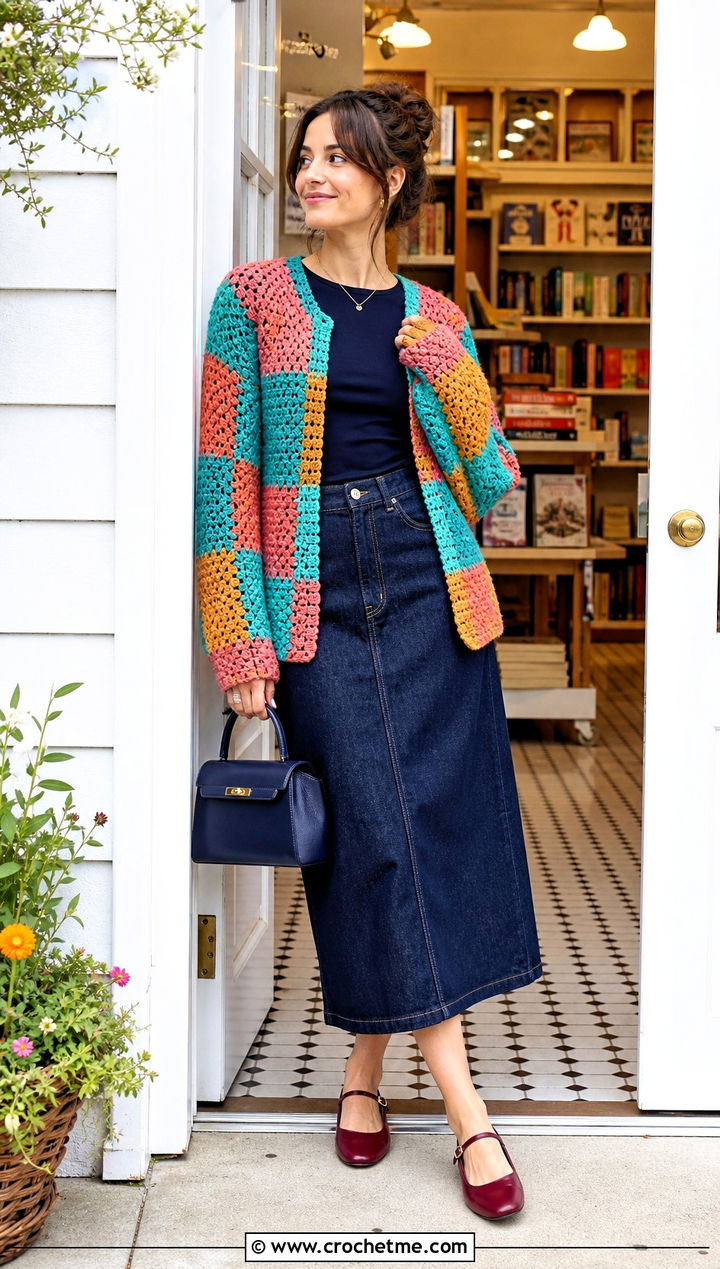 Patchwork Crochet Cardigan With Denim Midi Skirt - 30 loose crochet cardigan outfit ideas