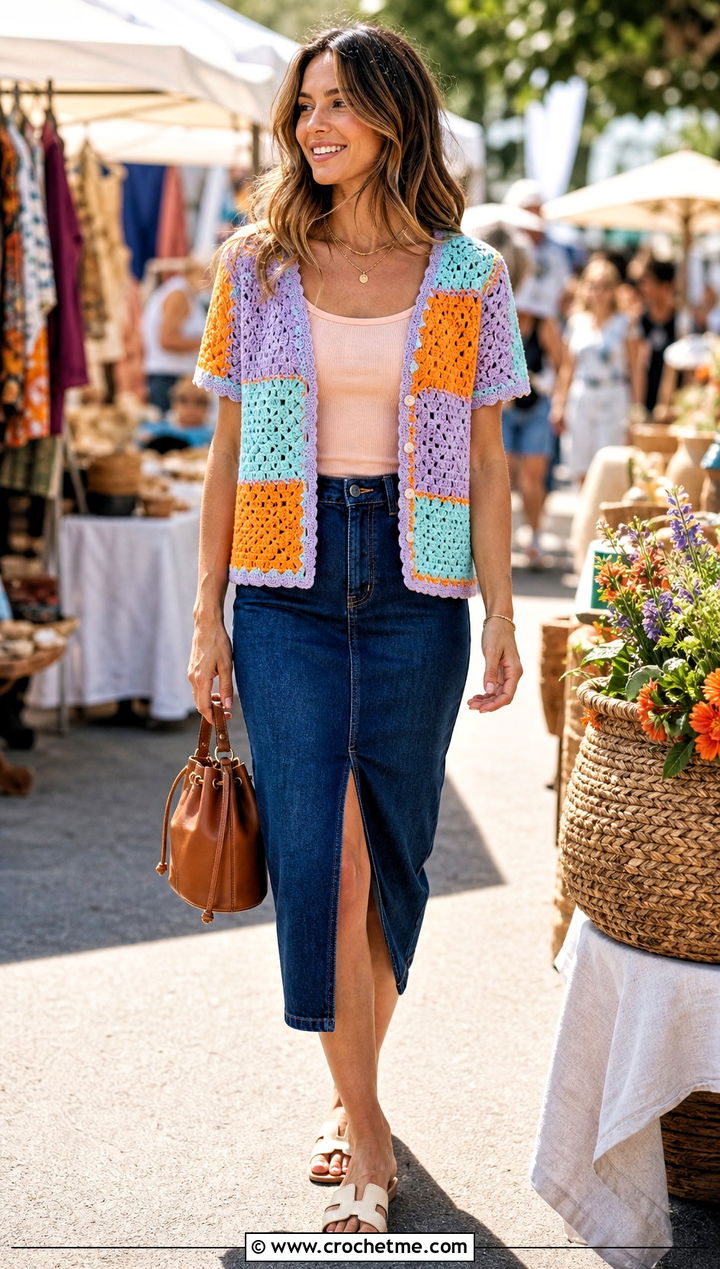Patchwork Crochet Cardigan With Denim Midi Skirt - 25 short sleeve summer crochet cardigan outfit ideas