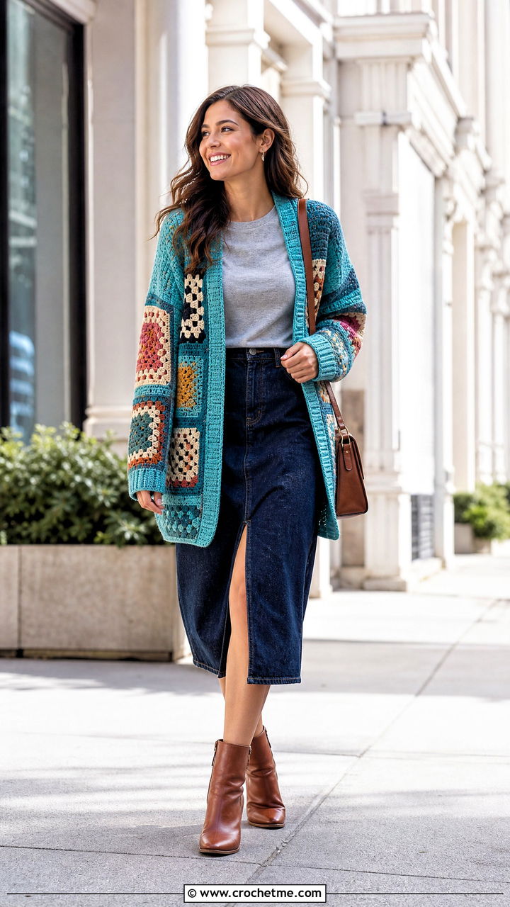 Patchwork Crochet Cardigan With Denim Midi Skirt - 35 easy crochet cardigan women outfit ideas