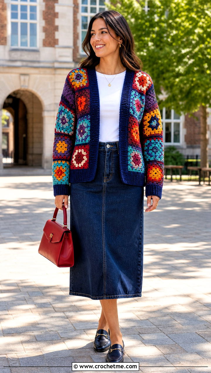 Patchwork Crochet Cardigan With Denim Midi Skirt - 25 long crochet sweater outfit ideas