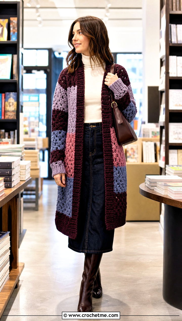 Patchwork Crochet Cardigan With Denim Midi Skirt - 25 thick crochet cardigan outfit ideas