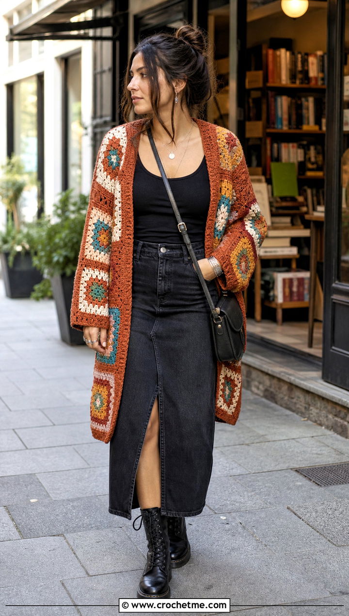 Patchwork Crochet Cardigan With Denim Midi Skirt - 25 witchy crochet cardigan outfit ideas