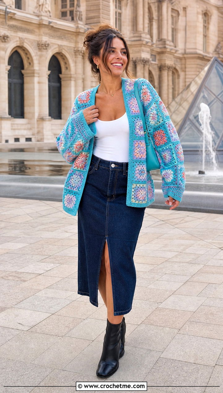 Patchwork Crochet Cardigan With Denim Midi Skirt - 15 Easy Crocheted Cardigan outfit ideas