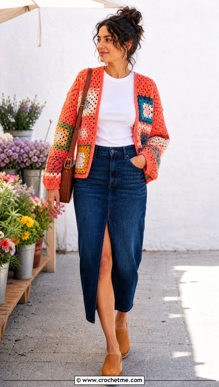Patchwork Crochet Cardigan With Denim Midi Skirt - 20 crochet for ladies cardigans outfit ideas
