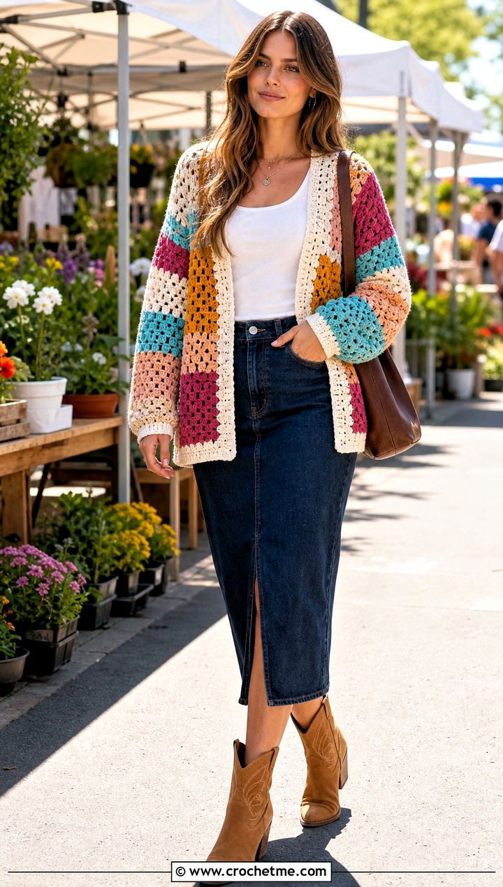 Patchwork Crochet Cardigan With Denim Midi Skirt - 20 Modern Crochet Cardigan outfit ideas