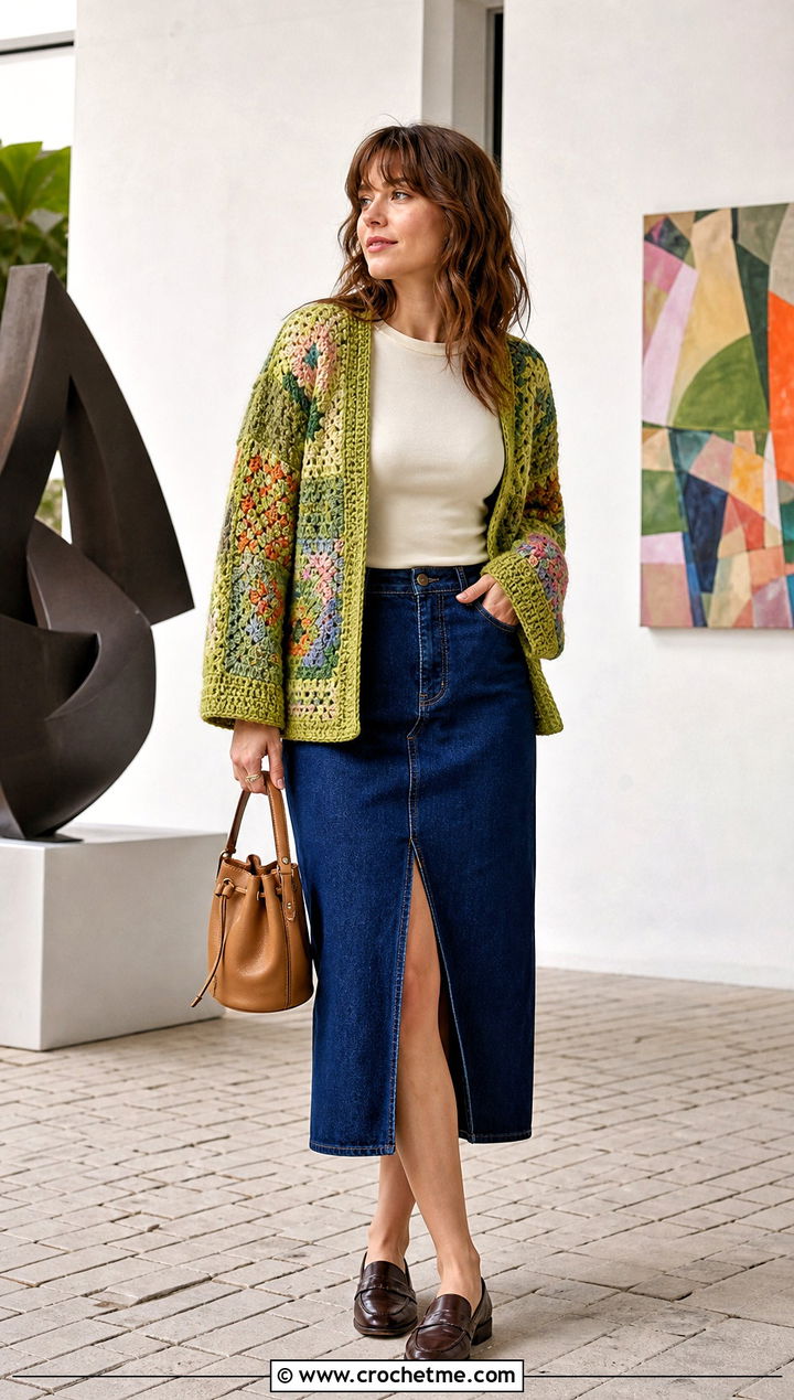 Patchwork Crochet Cardigan With Denim Midi Skirt - 30 crochet spring cardigan outfit ideas