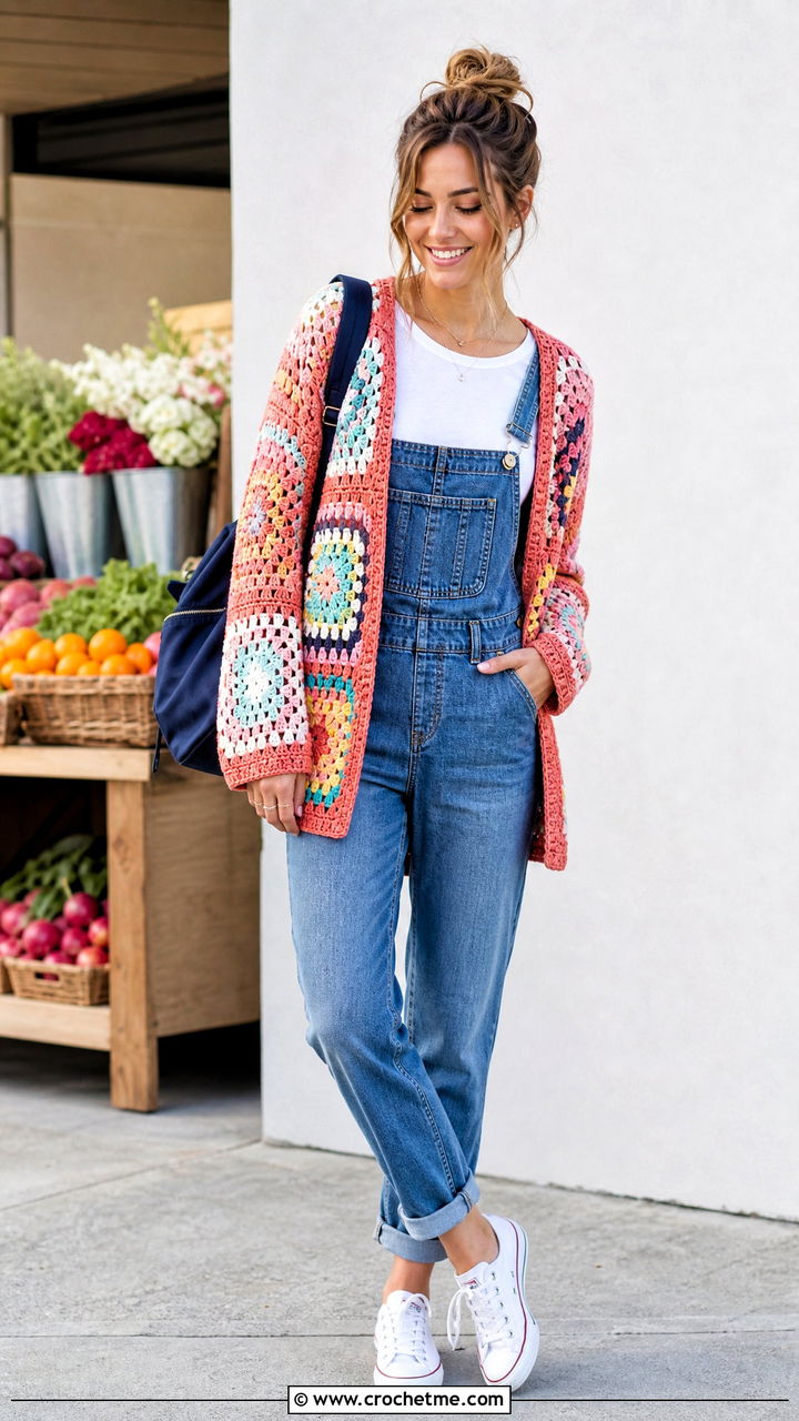 Patchwork Crochet Cardigan With Denim Overalls - 35 cute crochet cardigan outfit ideas