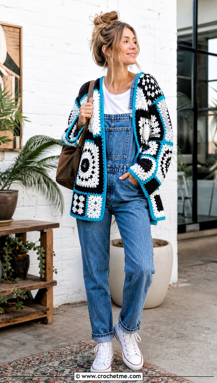 Patchwork Crochet Cardigan With Denim Overalls - 25 Black White Crochet Cardigan outfit ideas