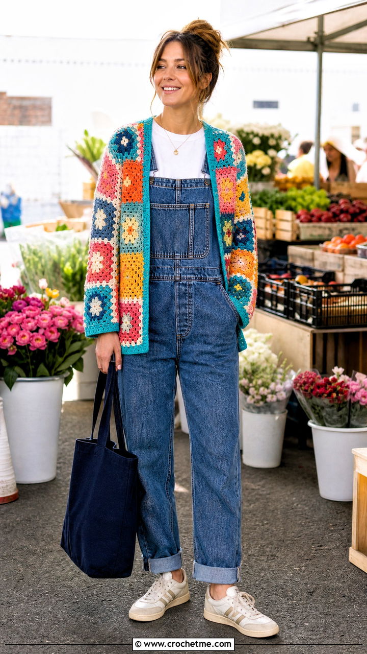 Patchwork Crochet Cardigan With Denim Overalls - 35 crochet cardigan ideas
