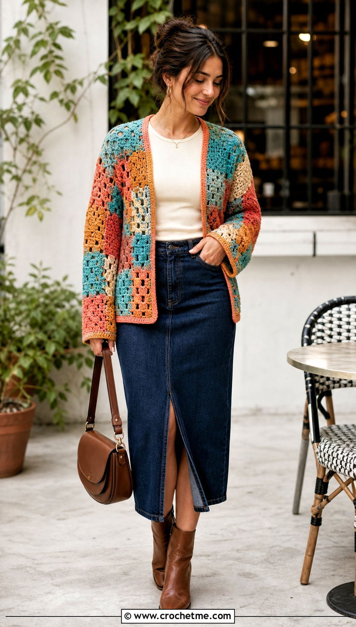 Patchwork Crochet Cardigan With Denim Skirt - 30 long crochet cardigan outfit ideas