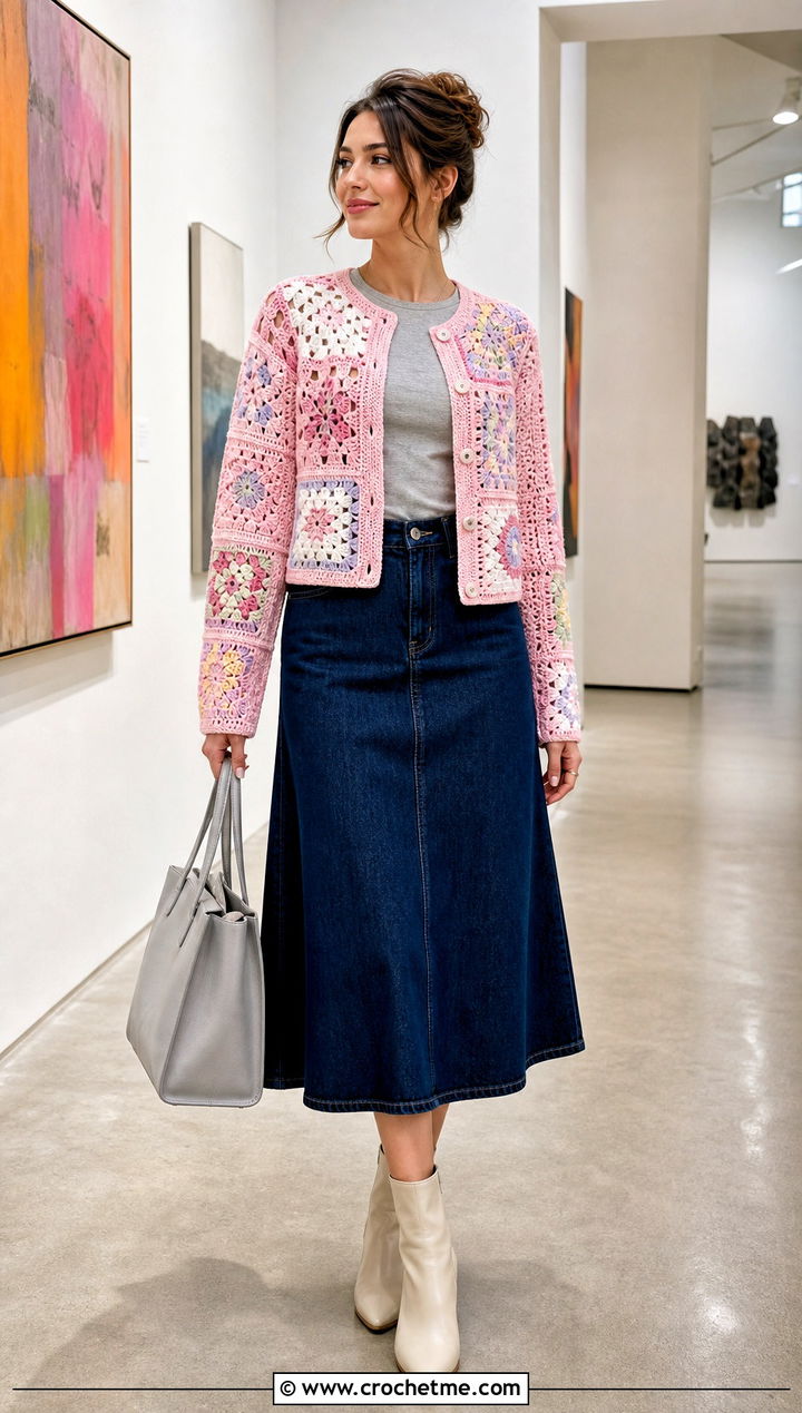 Patchwork Crochet Cardigan With Denim Skirt - 30 diy crochet cardigan outfit ideas