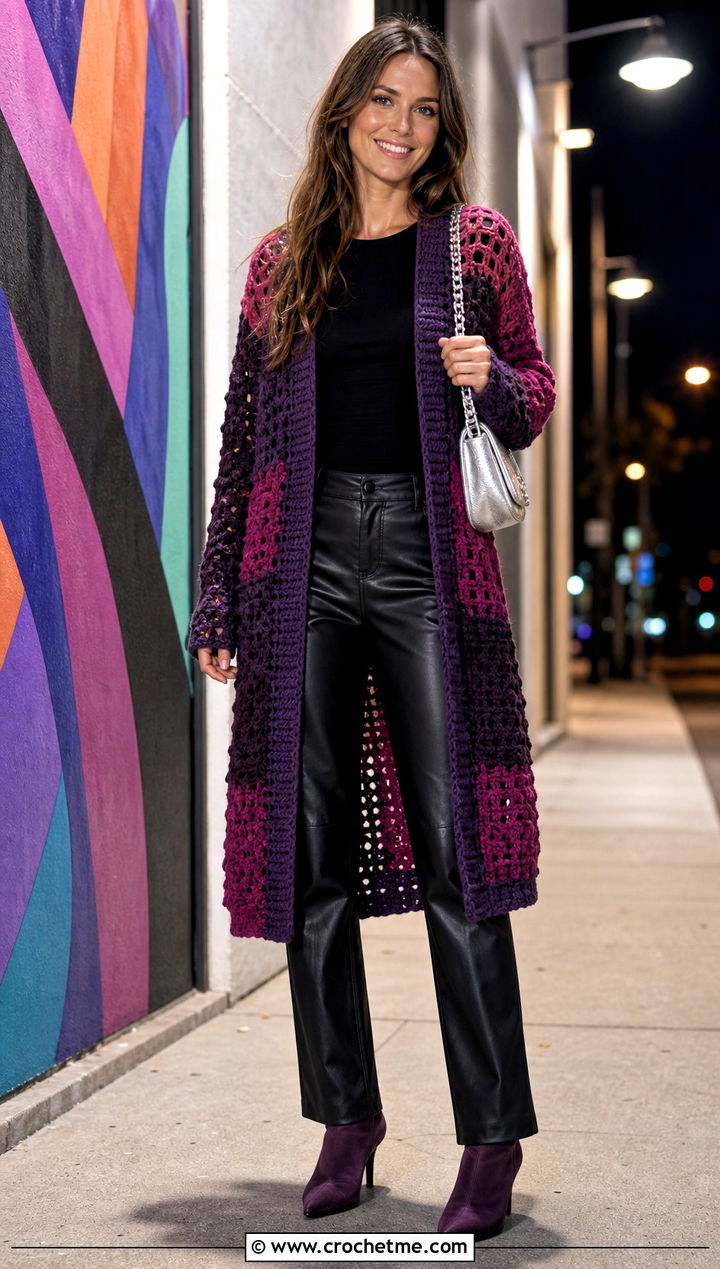 Patchwork Crochet Cardigan With Faux Leather Pants - 30 3 weight yarn crochet cardigan outfit ideas