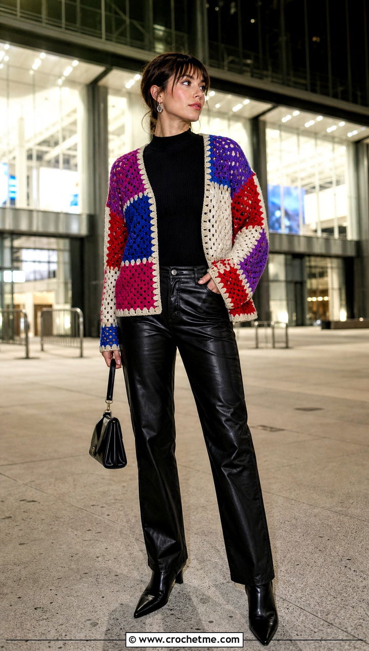 Patchwork Crochet Cardigan With Leather Pants - 25 Crochet Colourful Cardigan outfit ideas