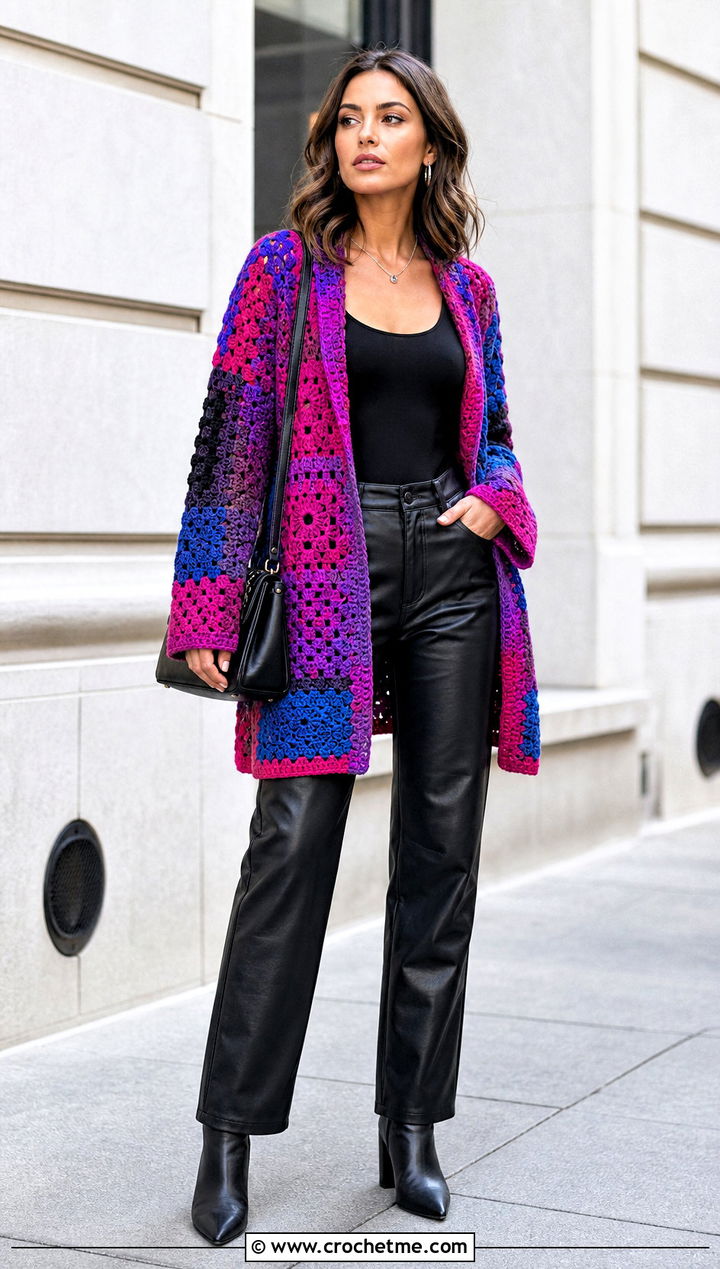 Patchwork Crochet Cardigan With Leather Pants - 25 unique crochet cardigan outfit ideas