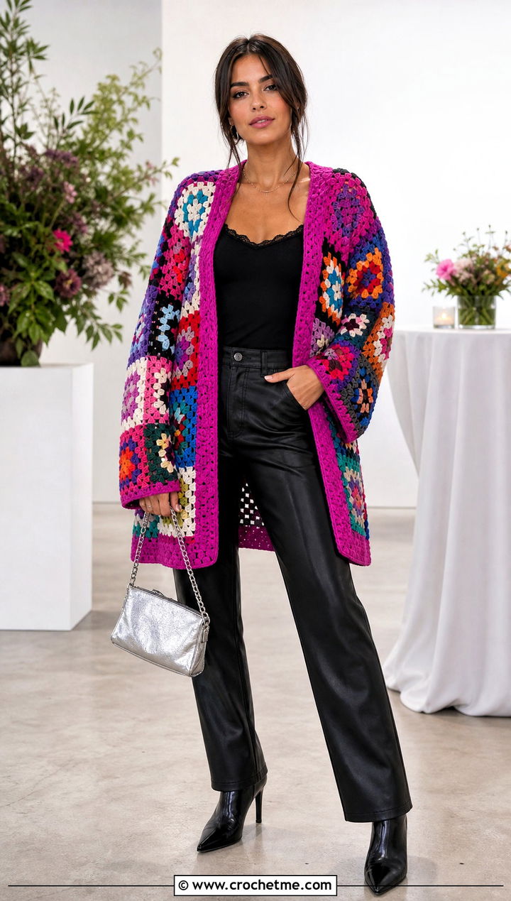 Patchwork Crochet Cardigan With Leather Pants - 15 Aesthetic Crochet Cardigan outfit ideas