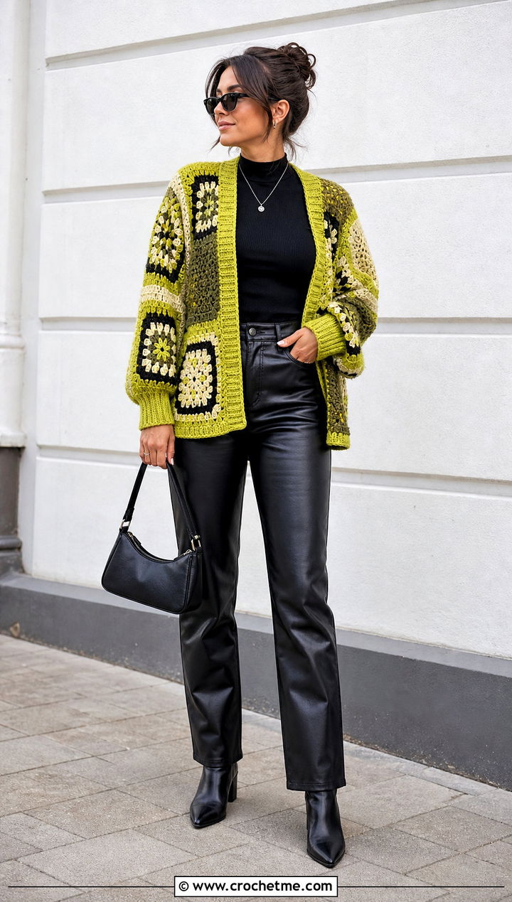 Patchwork Crochet Cardigan With Leather Pants - 15 crazy classic crochet cardigan outfit ideas