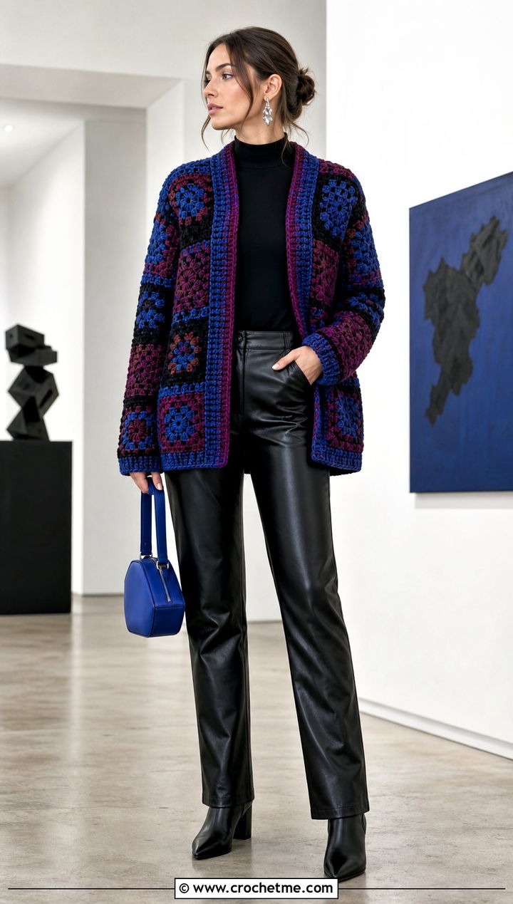 Patchwork Crochet Cardigan With Leather Pants - 15 crochet cardigan with blue accents outfit ideas