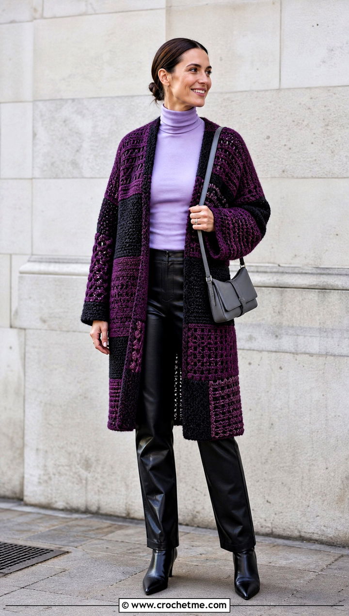 Patchwork Crochet Cardigan With Leather Pants - 15 easiest crochet cardigan outfit ideas