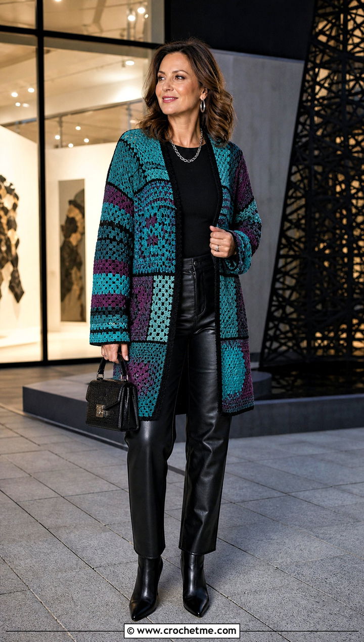 Patchwork Crochet Cardigan With Leather Pants - 20 bohemian crochet cardigan outfit ideas
