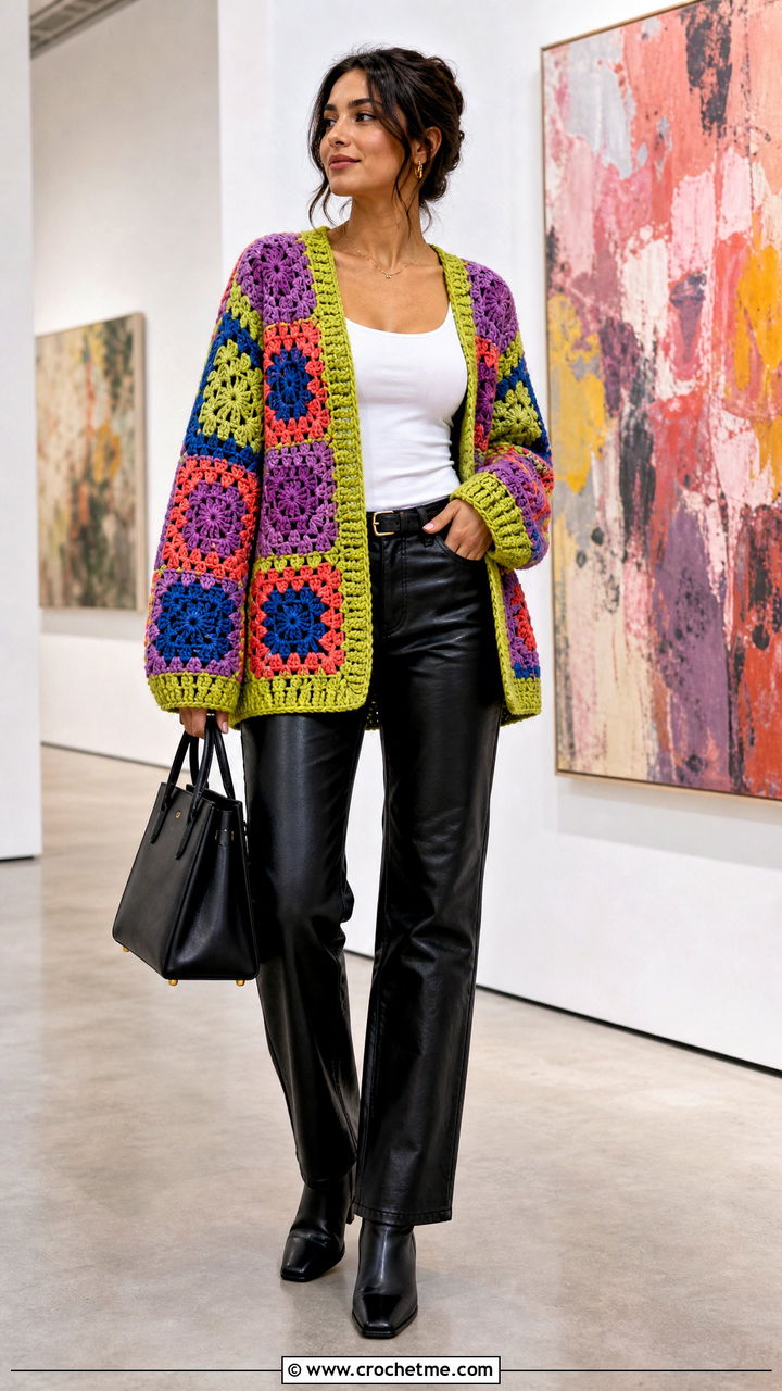 Patchwork Crochet Cardigan With Leather Pants - 35 easy crochet cardigan outfit ideas