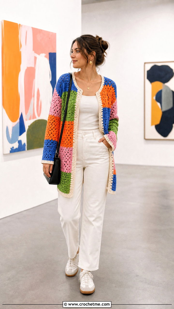 Patchwork Crochet Cardigan With Monochrome Basics - 35 crochet cardigan women outfit ideas