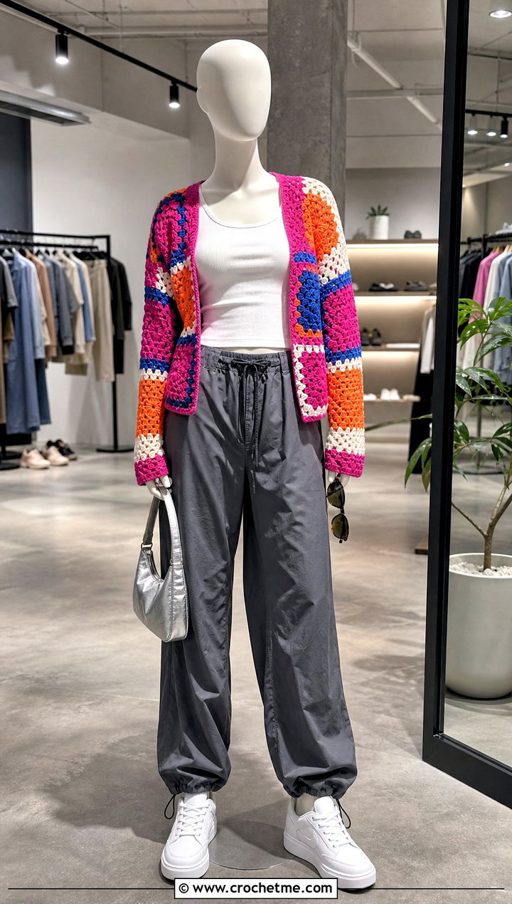 Patchwork Crochet Cardigan With Parachute Pants - 15 Crochet Cardigan On Mannequin outfit ideas