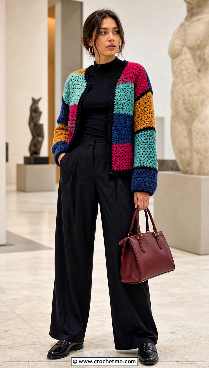 Patchwork Crochet Cardigan With Pleated Trousers - 15 colorful crocheted cardigan on hook outfit ideas