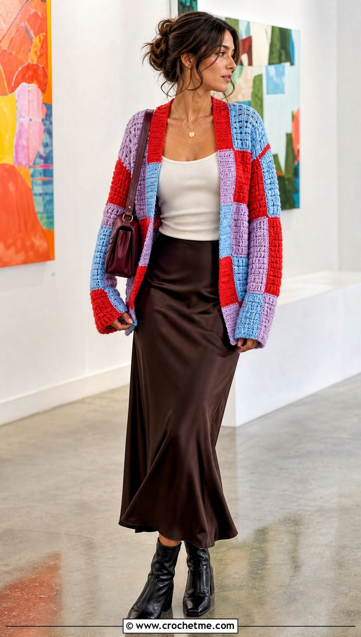 Patchwork Crochet Cardigan With Slip Skirt - 20 Crochet Fancy Cardigan outfit ideas