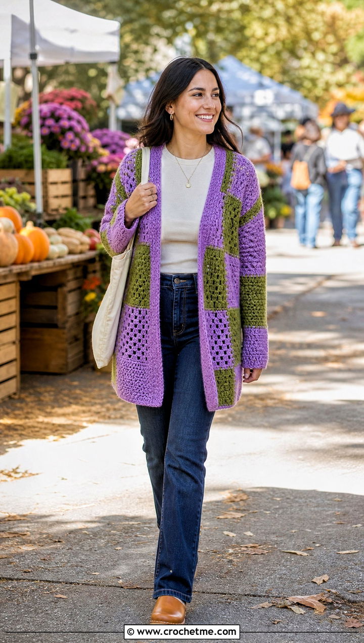Patchwork Crochet Cardigan With Straight Leg Jeans - 30 two color crochet cardigan outfit ideas