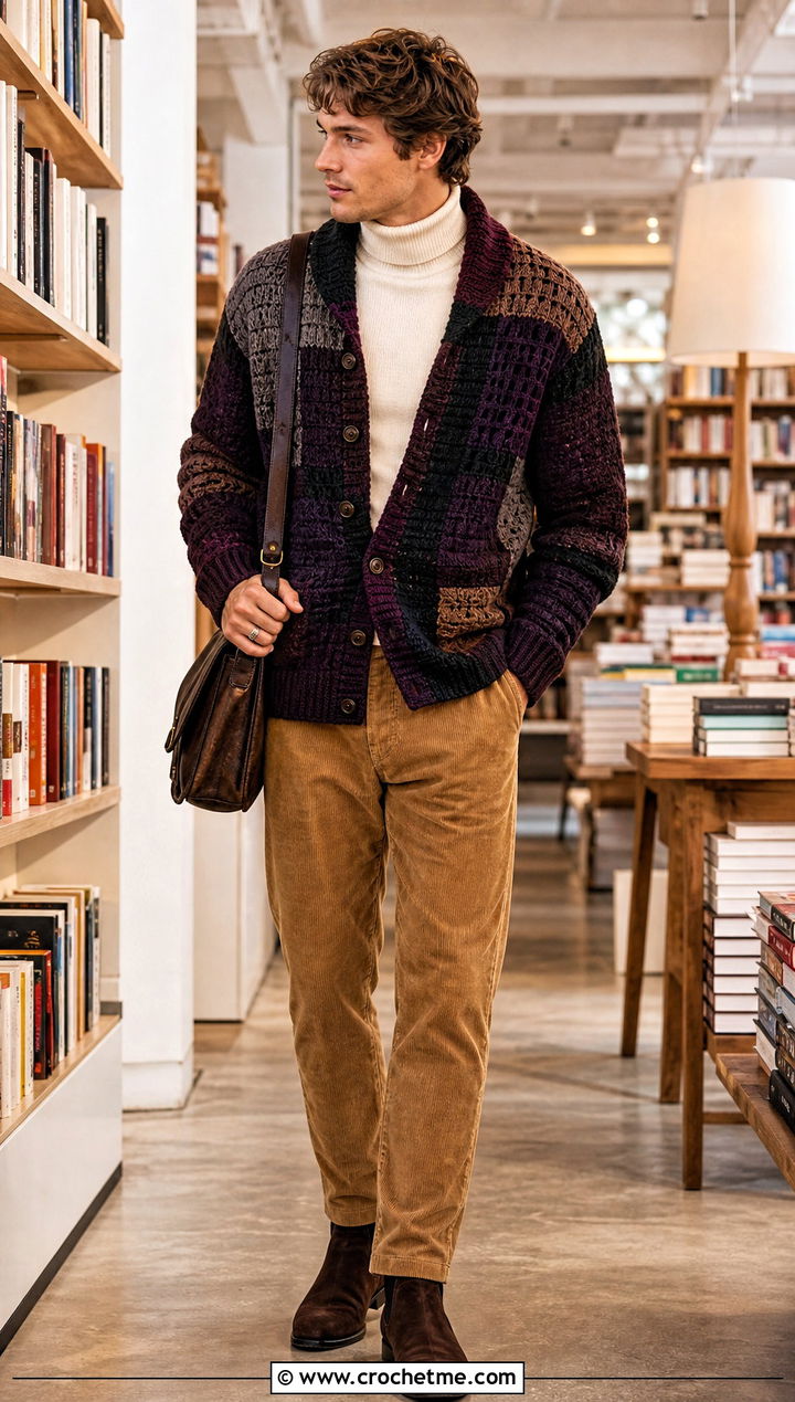 Patchwork Crochet Cardigan With Turtleneck and Corduroy Pants - 20 men's crochet cardigan outfit ideas