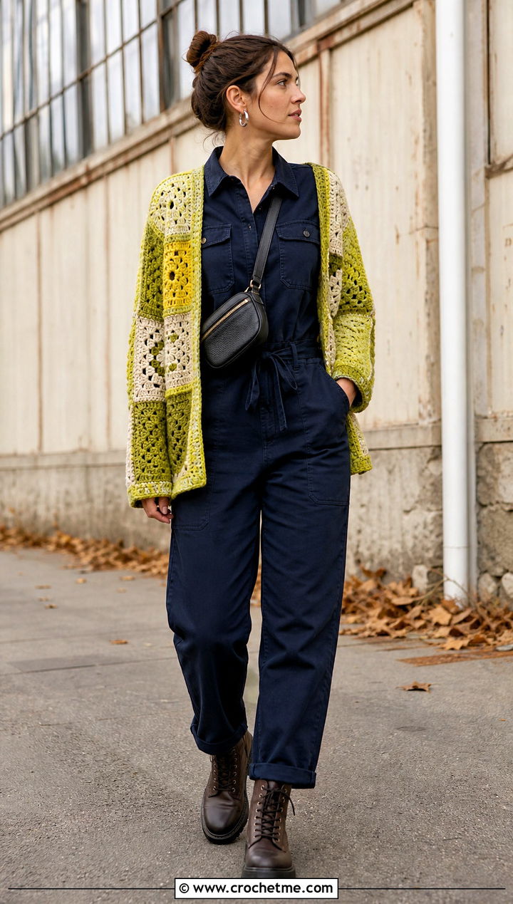 Patchwork Crochet Cardigan With Utility Jumpsuit - 15 Autumn Crochet Cardigan Style outfit ideas