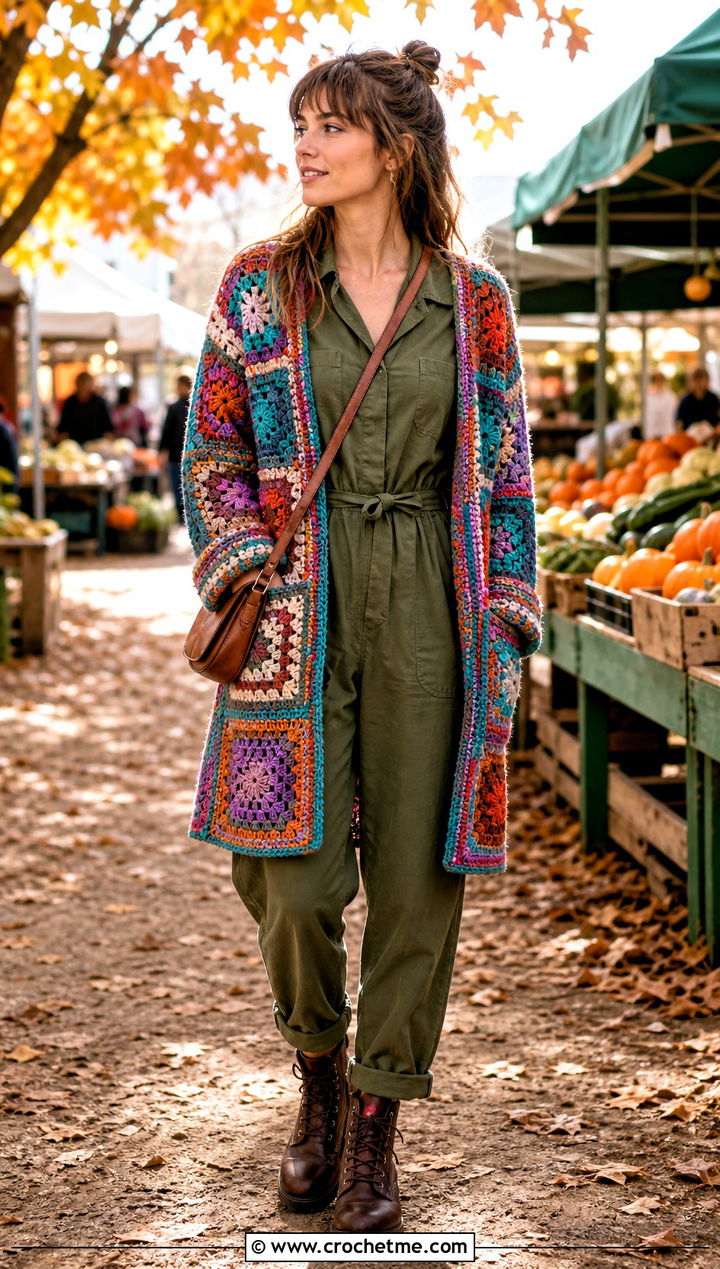 Patchwork Crochet Cardigan With Utility Jumpsuit - 35 fall crochet cardigan outfit ideas