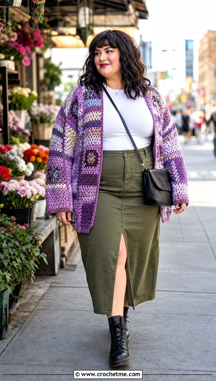 Patchwork Crochet Cardigan With Utility Skirt - 30 crochet plus size cardigan outfit ideas