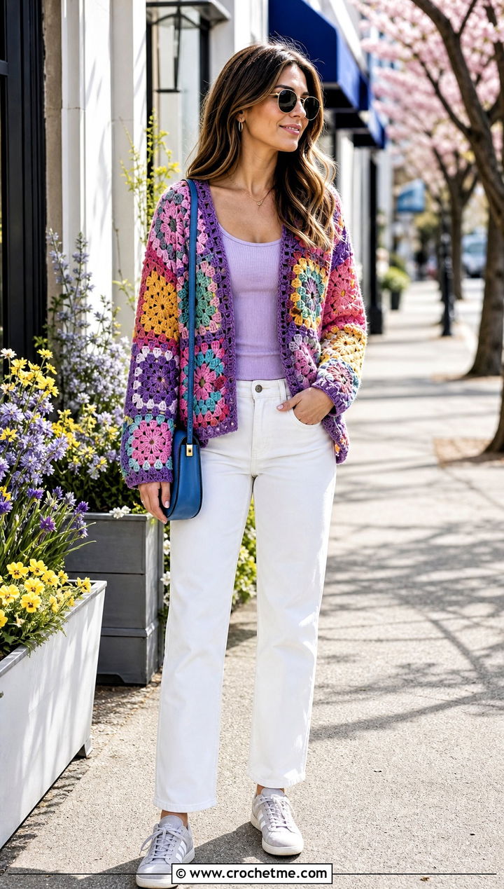 Patchwork Crochet Cardigan With White Denim - 15 very easy crochet cardigan outfit ideas