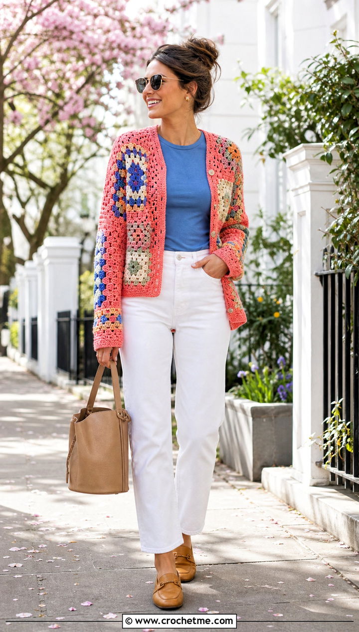 Patchwork Crochet Cardigan With White Denim - 30 crochet women's cardigan outfit ideas