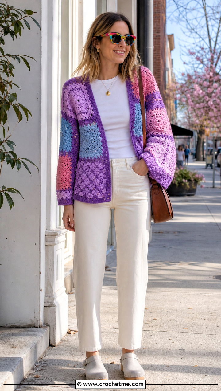Patchwork Crochet Cardigan With White Jeans - 20 Crochet Cardigan For Women Sweater Coats outfit ideas